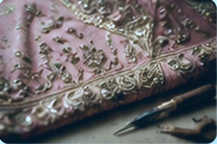 Hand embroidered fabric detail in the Vaishu atelier