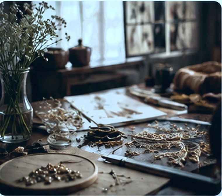 Fashion atelier worktable with sketches and embellishments