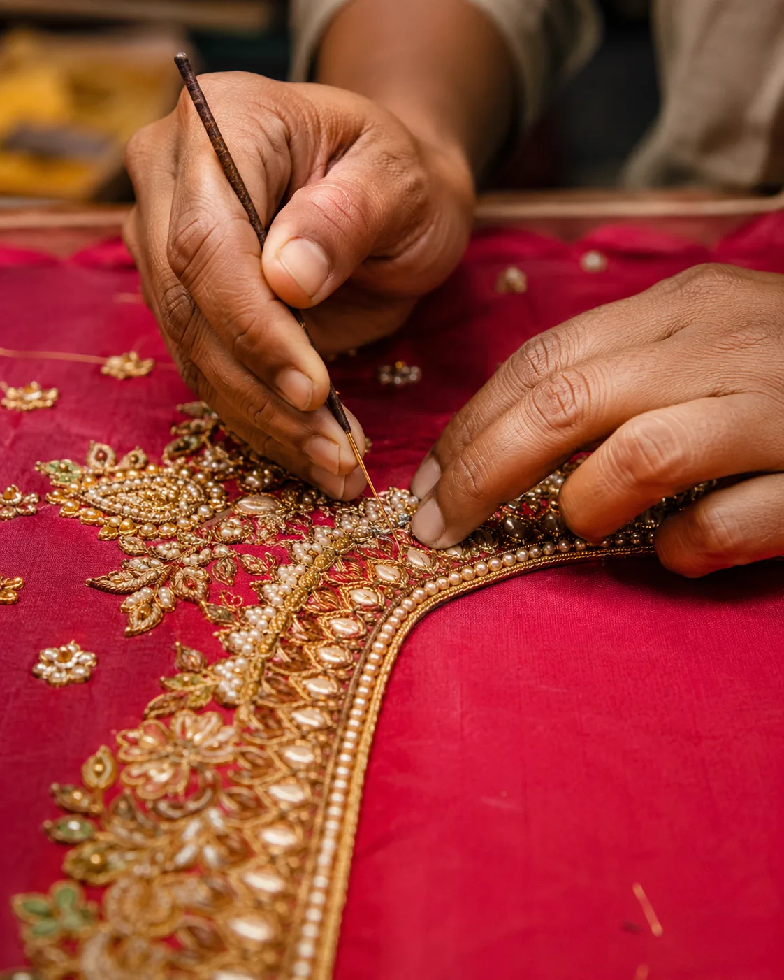Hands creating intricate gold and pearl embroidery on deep red fabric