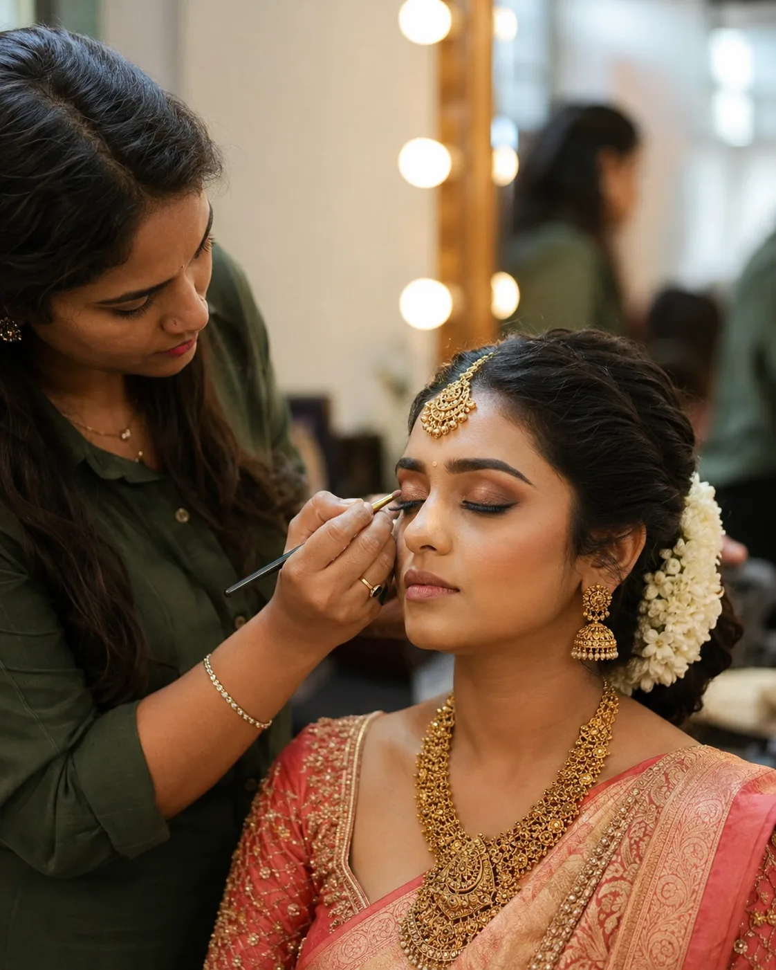 Makeup artist applying bridal eye makeup to a bride in a salon setting