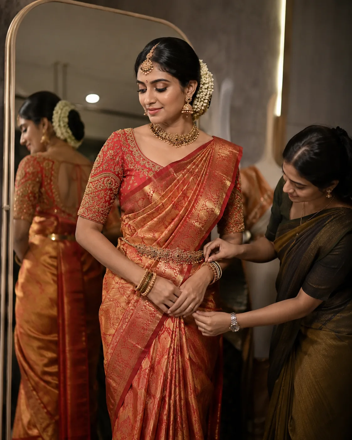 Bride in a rich red and gold saree being styled inside a boutique studio