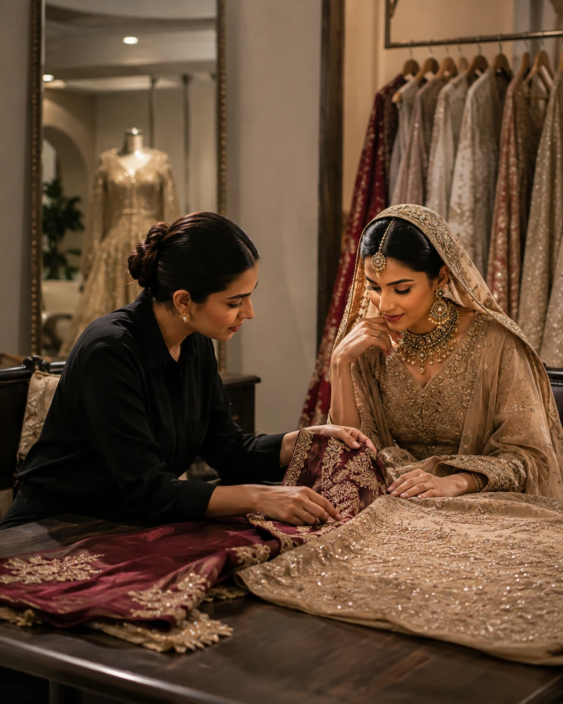 Designer consulting with a bride over embellished couture fabrics in a boutique