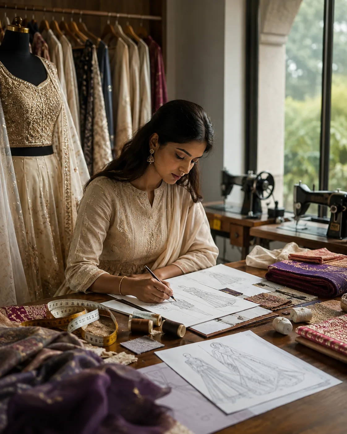 Designer sketching garment concepts in a couture atelier with fabrics and tools