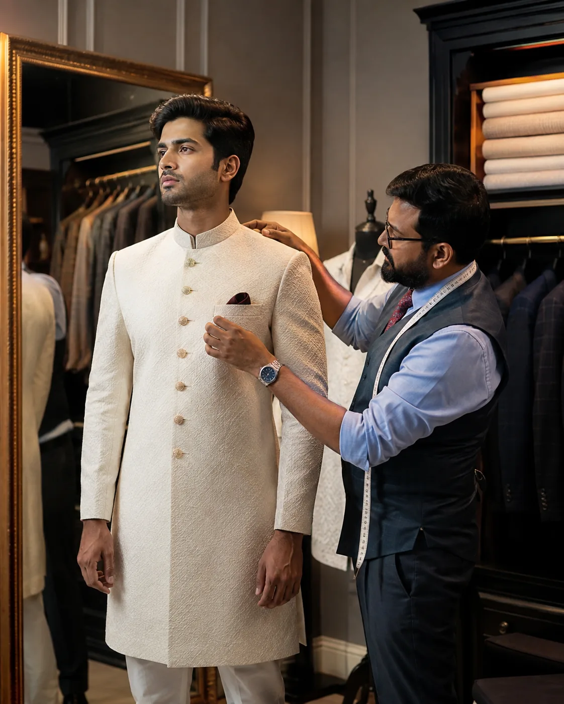 Tailor adjusting a cream sherwani on a male client in a premium atelier