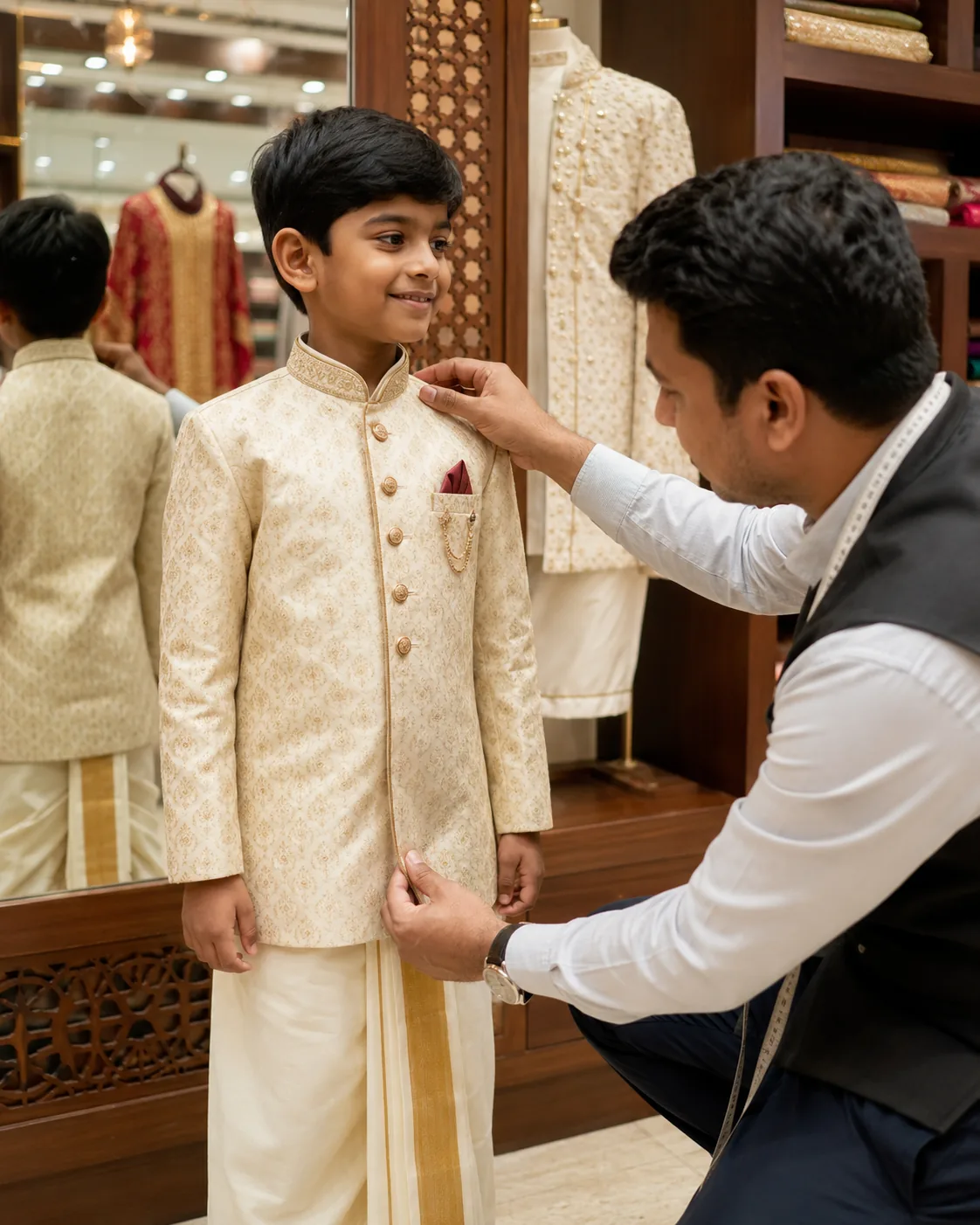 Young boy being fitted for a cream traditional outfit in a boutique studio