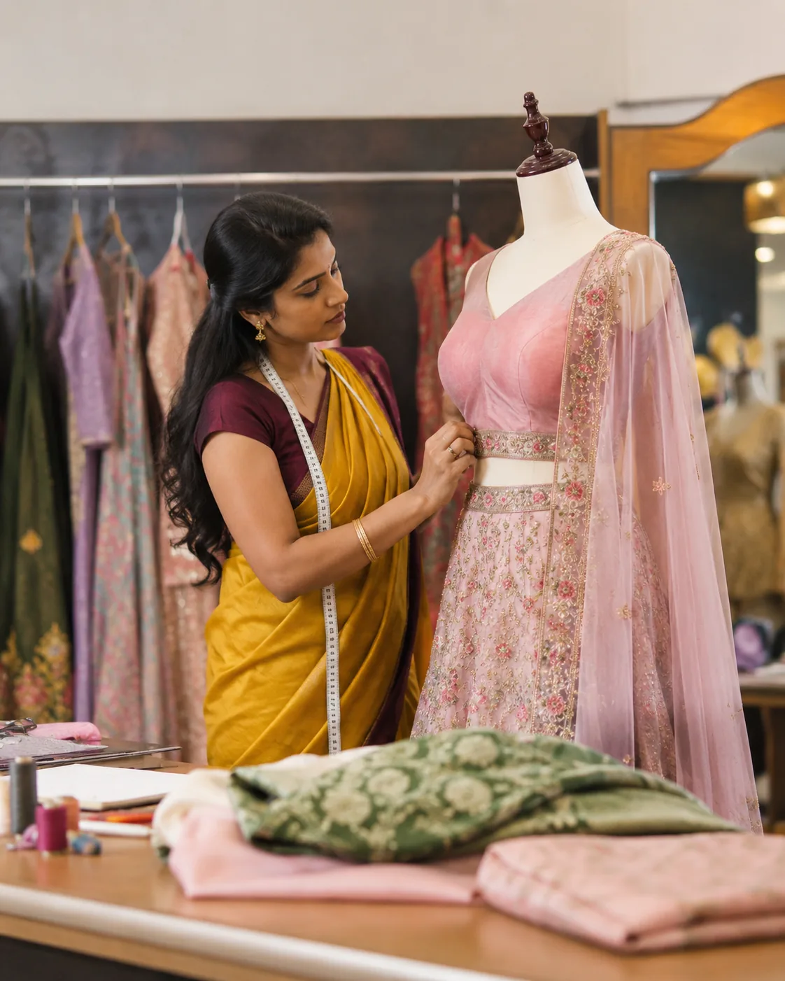 Woman tailor adjusting a pink embroidered lehenga on a mannequin