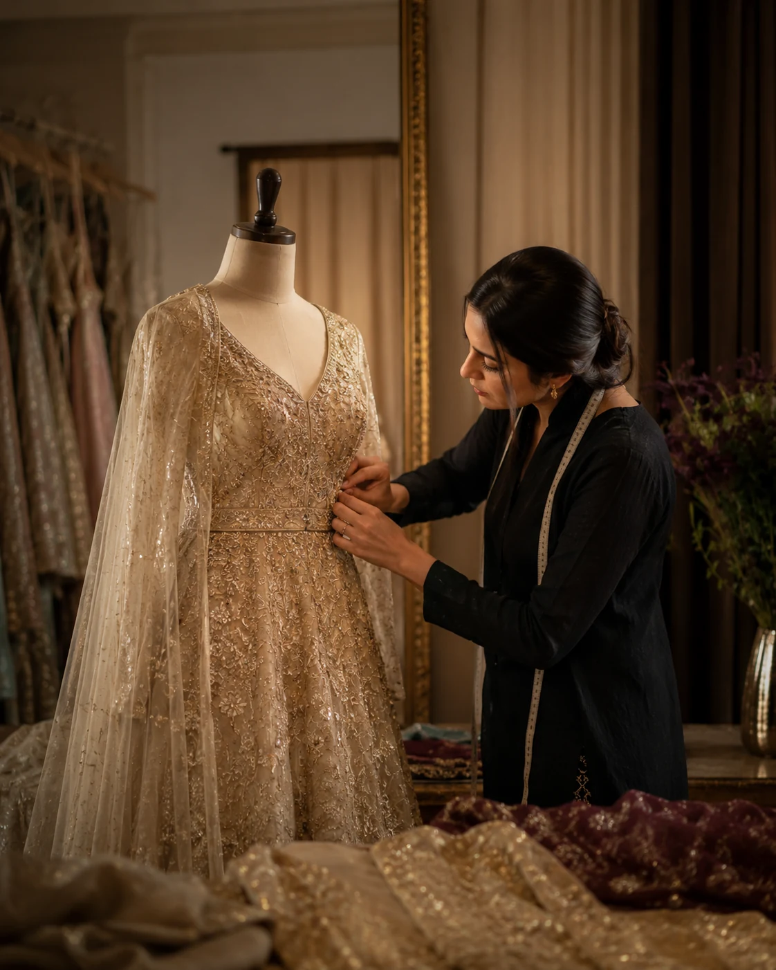 Designer checking an embellished gown on a mannequin inside a couture atelier