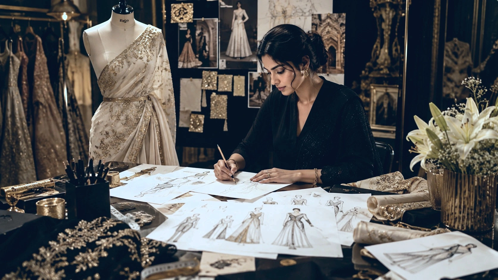 Fashion concept sketches and couture planning in the Vaishu atelier